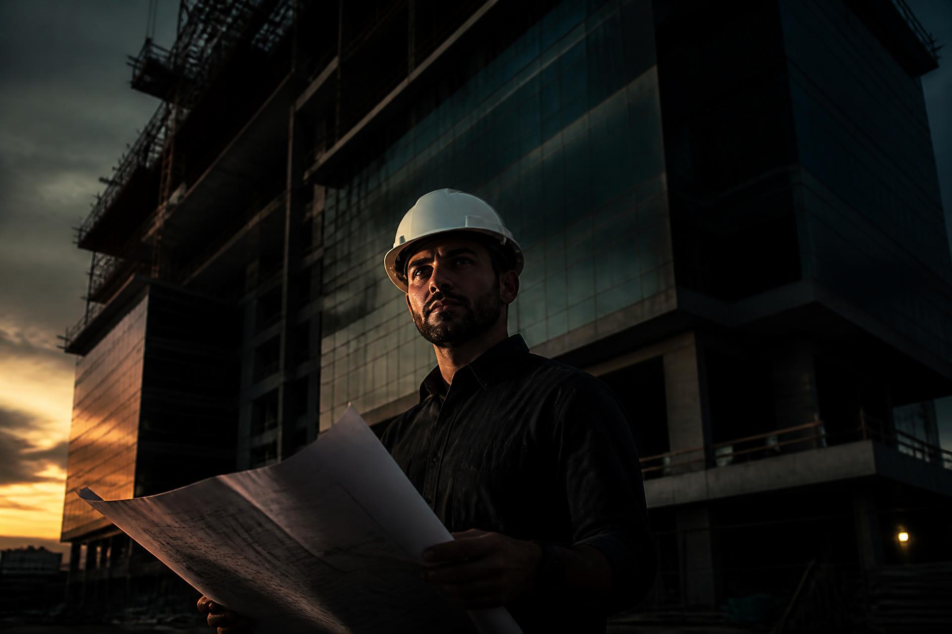Engenheiro civil em obra ao entardecer, revisando projetos técnicos